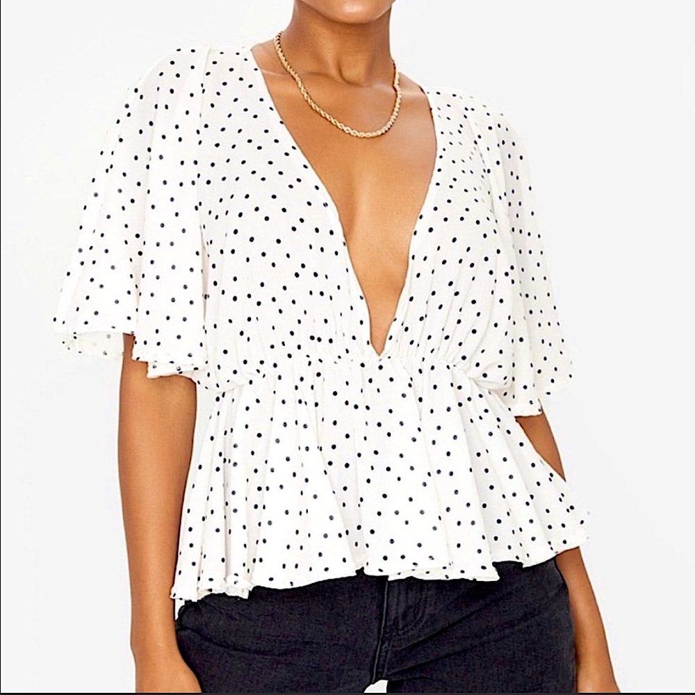 NWT polka dot short sleeve top plunging neck PLT